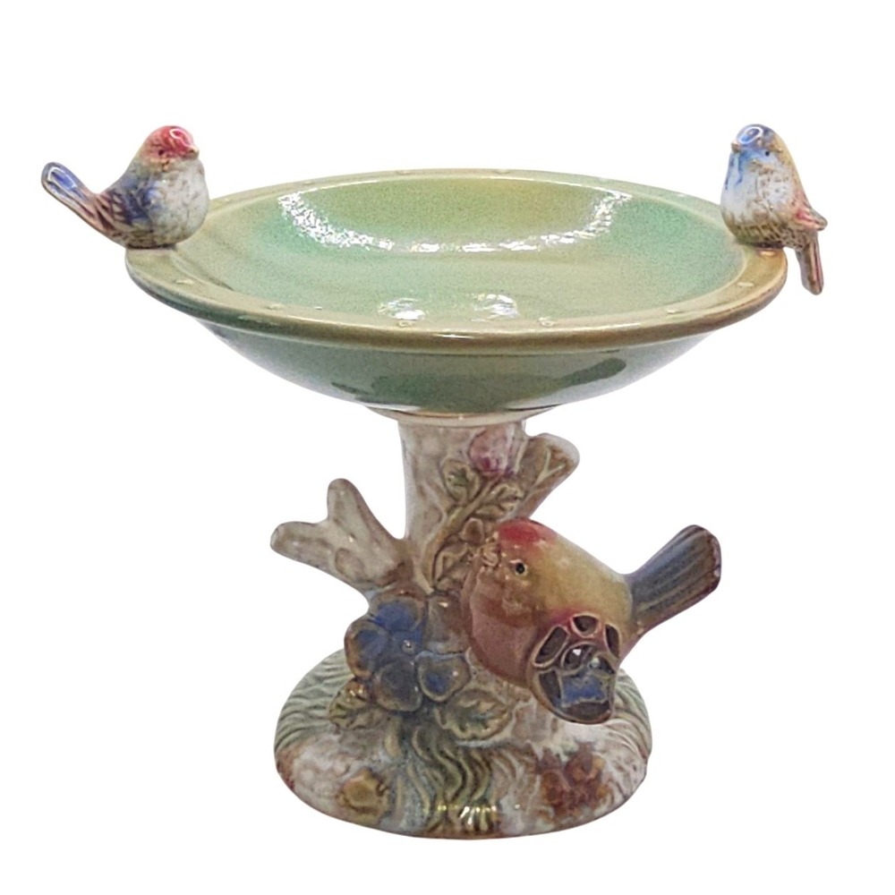 Michaels Ceramic Birdbath Figurine Green Glaze Birds Tree Trunk Decor 6" H